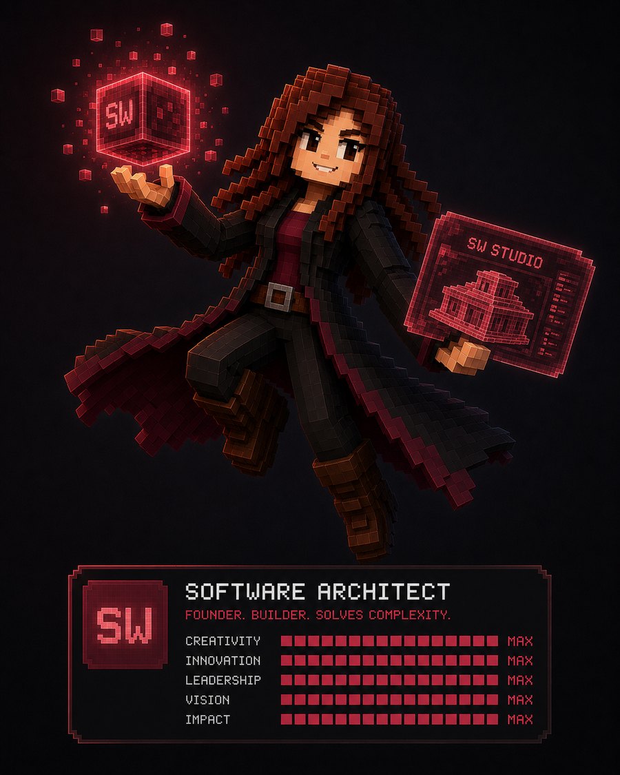Julia Pavlov as a voxel Software Architect character card